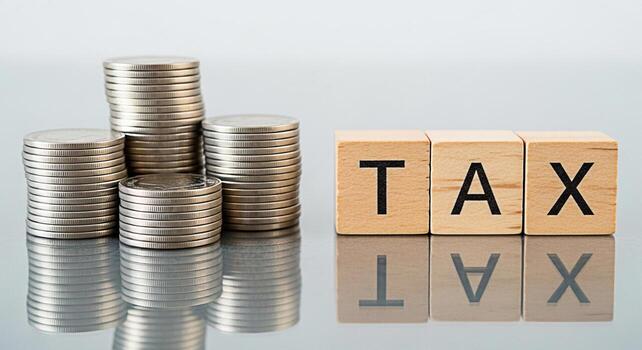 Stacks of coins and wooden blocks spelling TAX on a reflective surface representing financial planning and tax preparation symbolizing the burden and responsibility of taxation with a clean and modern photo