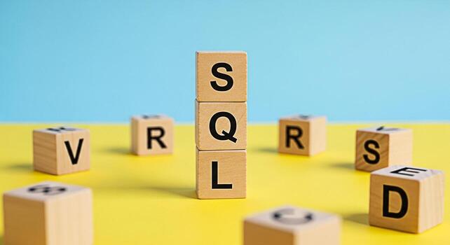 Wooden blocks displaying SQL concept on a yellow surface against a blue background representing database management and structured query language in a clean and minimalist design for data solutions photo