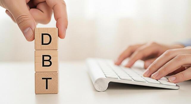 Hand stacking wooden blocks with DBT letters on a bright desk while typing on a keyboard symbolizing Dialectical Behavior Therapy and a focus on mental health and emotional wellbeing in a professional photo