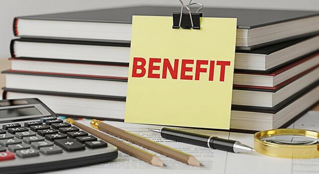Financial analyst reviewing company benefits on a desk with a calculator magnifying glass and stack of reports representing financial planning and employee compensation in a professional setting photo