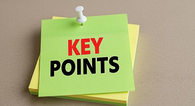 Pinned green sticky note displaying Key Points on a neutral surface emphasizing crucial information and serving as a visual reminder for important details promoting focus and organization in a profess photo