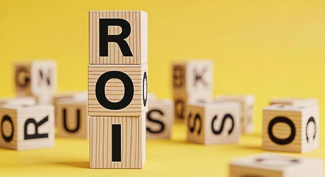 Wooden blocks stacked vertically displaying ROI on a bright yellow background symbolizing investment returns and financial success creating a positive and optimistic mood for business and finance conc photo