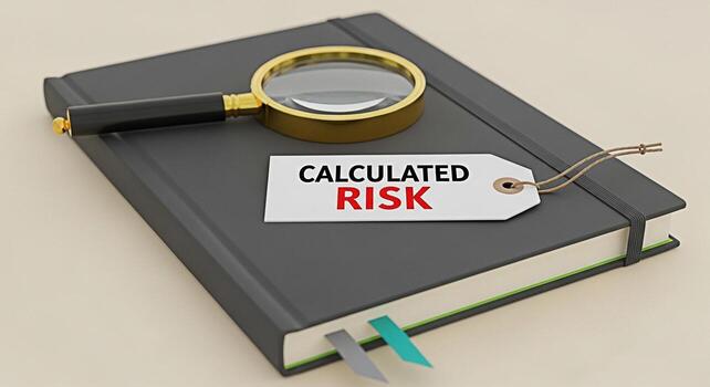 aumentador vaso descansando en un negro cuaderno con un etiqueta mostrando calculado riesgo en un neutral ajuste simbolizando estratégico planificación y informado Toma de decisiones en negocio y Finanzas foto