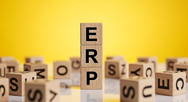 Wooden blocks spelling ERP standing tall on a reflective surface against a vibrant yellow backdrop symbolizing efficient business management and integrated enterprise resource planning solutions for m photo