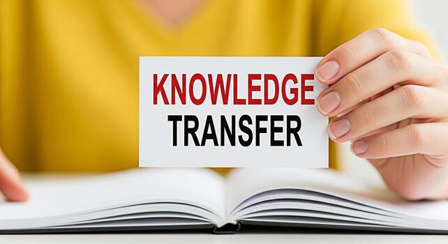 Closeup of hands holding a card with the words Knowledge Transfer over an open book symbolizing learning education and the sharing of information in a bright and informative setting photo