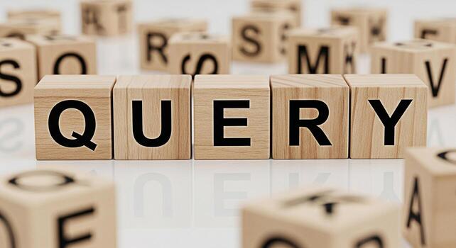 Wooden blocks spelling QUERY on a white surface representing the act of searching for information evoking curiosity and the pursuit of knowledge in a clean minimalist setting photo