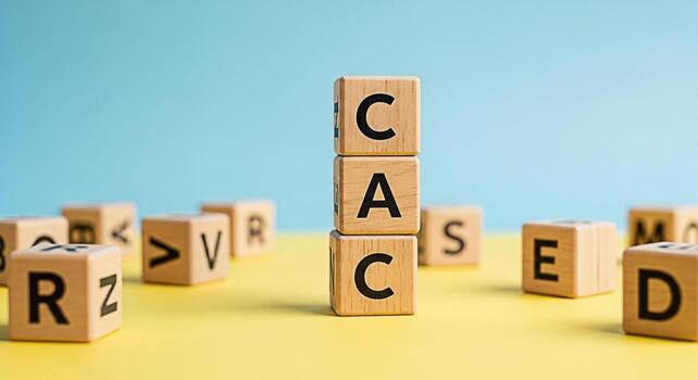 Wooden blocks spelling CAC stacked on a yellow surface against a blue background representing customer acquisition cost and business strategy in a bright and playful setting photo