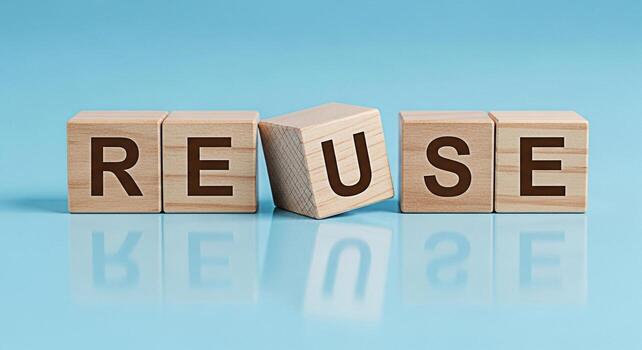 Wooden blocks spelling REUSE on a light blue surface promoting environmental awareness and sustainability emphasizing the importance of reducing waste and conserving resources for a greener future and photo