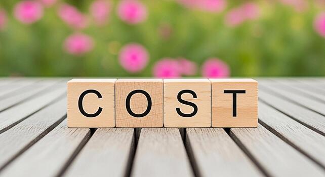 Wooden blocks spelling COST on a wooden table with a blurred floral background representing financial awareness and budget management in a serene and natural setting emphasizing costeffectiveness photo