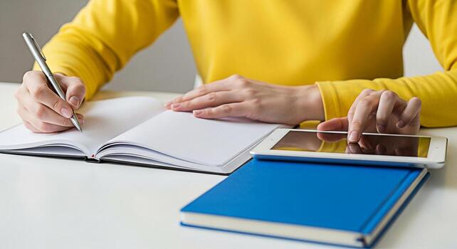 Focused student in a bright yellow sweater writing notes in a notebook while using a tablet on a white desk conveying a sense of productivity and modern learning photo