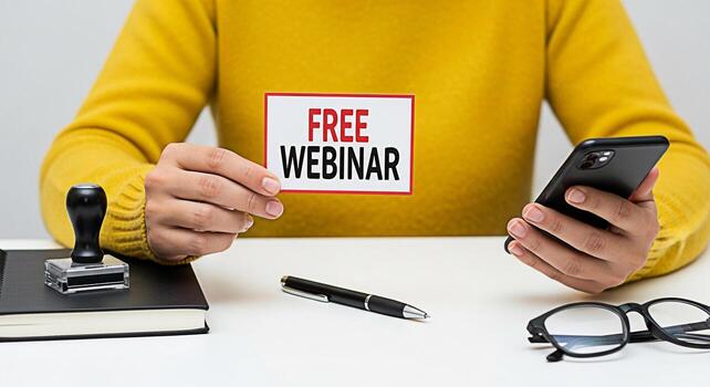 persona participación un gratis seminario web firmar mientras utilizando un teléfono inteligente a un brillante escritorio con un cuaderno bolígrafo sello y lentes promoviendo en línea aprendizaje y profesional desarrollo con un moderno y atractivo cuota foto