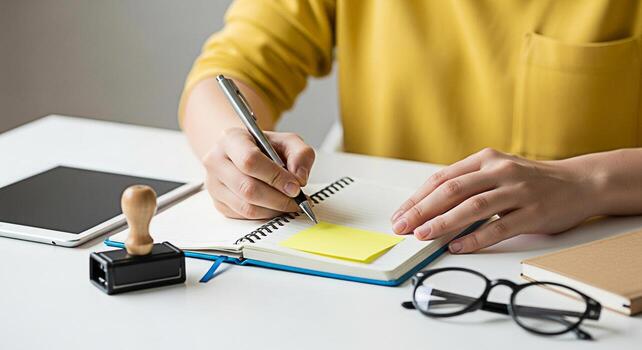 Focused student in a bright minimalist workspace taking notes in a spiral notebook with a pen surrounded by a tablet glasses and a stamp conveying a sense of organization and productivity photo
