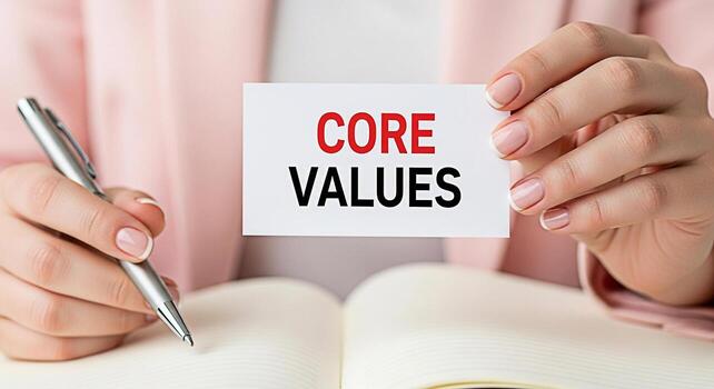 Elegant woman in a pink jacket holding a card with the words Core Values while writing in a notebook on a bright desk conveying a message of integrity and ethical business practices photo