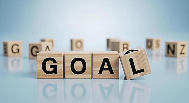 Wooden blocks spelling GOAL on a reflective surface symbolizing achievement and aspiration in a bright minimalist setting representing focus and determination for success photo