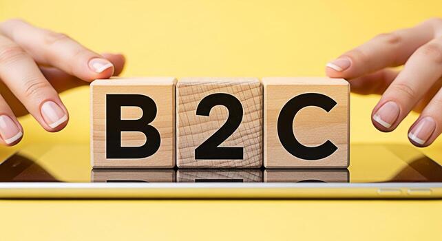 Female hands arranging wooden blocks with B2C letters on a tablet against a yellow background representing business to consumer model and direct sales strategy in a modern and minimalist setting photo