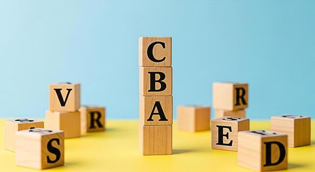 de madera bloques mostrando letras en un amarillo superficie en contra un azul antecedentes representando aprendizaje educación y alfabeto habilidades Fomentando creatividad y temprano infancia desarrollo en un juguetón env foto