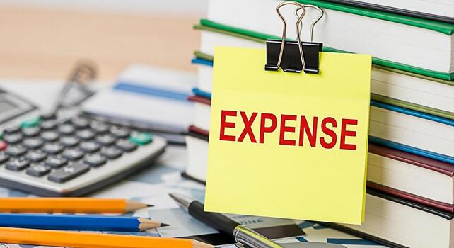 Closeup of a yellow sticky note with the word EXPENSE clipped to a stack of books in an office setting representing financial planning budgeting and cost management for business and personal finance photo