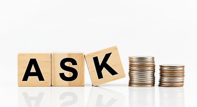 de madera bloques ortografía pedir siguiente a pilas de monedas en un blanco superficie representando financiero preguntas y buscando inversión transporte un mensaje de investigación y crecimiento en un limpiar minimalista ajuste foto