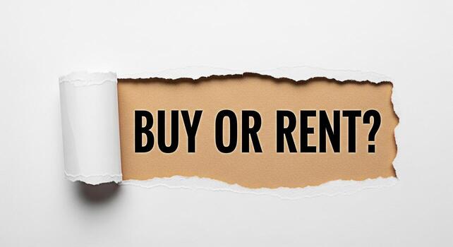 Rasgado blanco papel revelador el pregunta comprar o alquilar en un marrón antecedentes representando un financiero decisión en un real inmuebles contexto creando un sentido de incertidumbre y elección para potencial propietarios foto