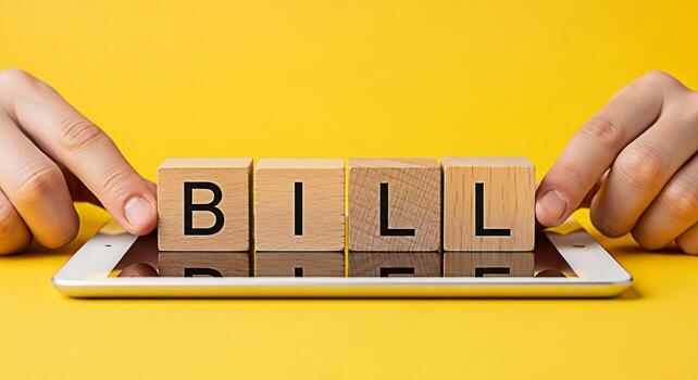 Hands arranging wooden blocks spelling DEBT on a bright yellow background symbolizing financial challenges and the importance of debt management for a secure future and economic stability photo