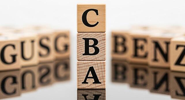 Closeup of wooden alphabet blocks stacked on a white surface spelling out letters creating a playful and educational atmosphere perfect for illustrating early childhood learning and language developme photo