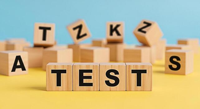 Wooden blocks spelling TEST on a vibrant yellow surface against a soft blue background representing assessment examination and the concept of evaluation in education and learning environments photo