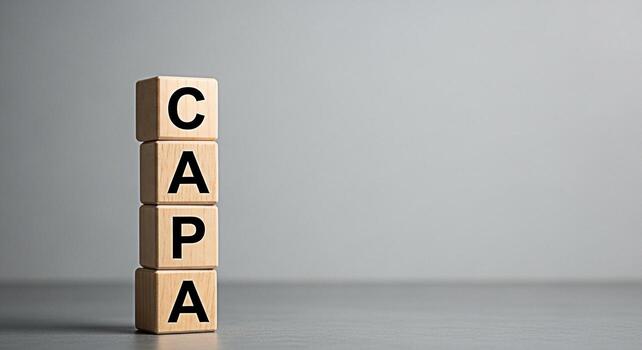 Wooden blocks displaying CAPA acronym in a neutral studio environment representing Corrective and Preventive Action for quality management and continuous improvement fostering a culture of compliance photo