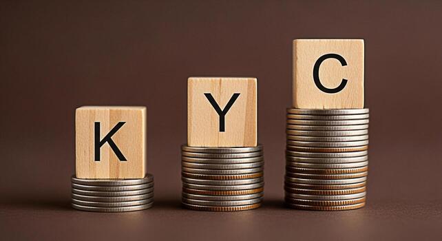 Wooden blocks spelling out CY with coins stacked under the C block against a brown background symbolizing financial growth investment success and the concept of currency yield in a simple minimalist c photo