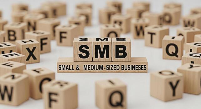 Wooden blocks spelling SMB arranged on a white surface with other letter blocks in the background representing small and mediumsized businesses and conveying a message of growth and opportunity photo