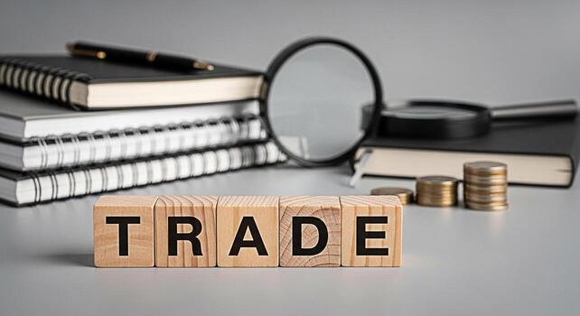 Stack of notebooks and a pen are placed near a magnifying glass on a gray surface symbolizing research investigation and the pursuit of knowledge in a minimalist and academic setting photo