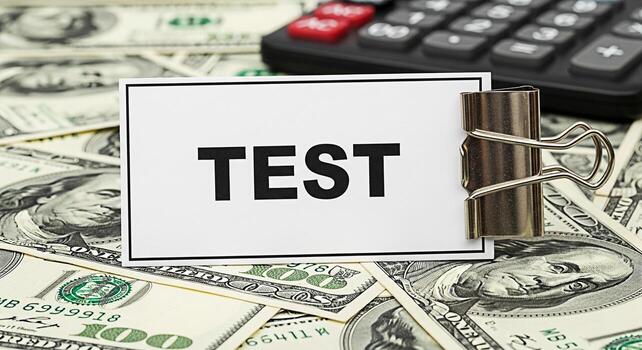 Closeup of a Test card held by a clip on a pile of one hundred US dollar bills with a calculator in the background representing financial assessment business analysis and the concept of economic evalu photo