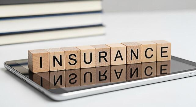 Wooden blocks spelling INSURANCE resting on a tablet in a bright modern office symbolizing financial security and peace of mind through comprehensive coverage and risk management strategies for the fu photo