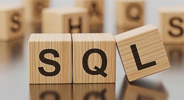 Closeup of wooden blocks spelling SQL on a reflective surface representing database management and data querying in a clean minimalist setting conveying concepts of structured data and relational data photo