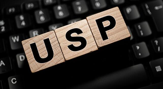 Wooden blocks spelling USP resting on a black computer keyboard representing unique selling proposition in a digital environment emphasizing business strategy and competitive advantage photo