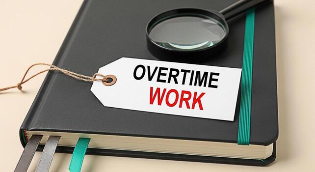Closeup of a black notebook displaying an Overtime Work tag with a magnifying glass on a bright surface symbolizing dedication hard work and the need for extra hours to meet deadlines photo