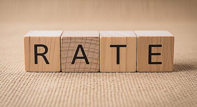 Wooden blocks spelling RATE on a burlap surface representing interest rates and financial decisions conveying a sense of stability and calculated risk in a neutral and textured setting photo