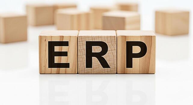 Wooden blocks displaying ERP on a white surface symbolizing enterprise resource planning in a clean and modern setting conveying efficiency and integrated business solutions for corporate management photo