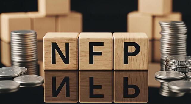 Wooden blocks displaying NFP surrounded by stacks of coins on a reflective surface representing the NonFarm Payroll report and its impact on financial markets and economic indicators conveying financi photo
