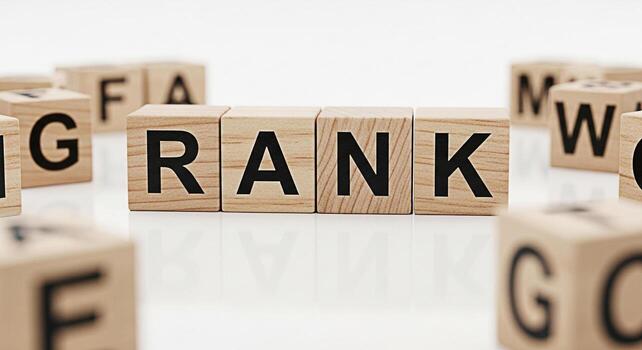Wooden blocks spelling out RANK on a white surface representing achievement and success conveying a sense of order and importance in a clean minimalist setting ideal for business and marketing concept photo
