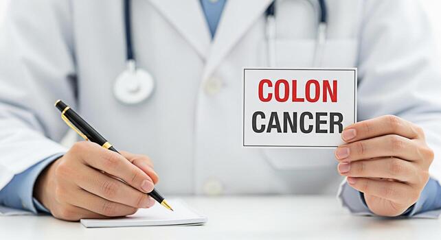 Concerned doctor in a sterile office setting holds a sign reading Colon Cancer while taking notes representing the gravity and importance of early detection and treatment for improved patient outcomes photo