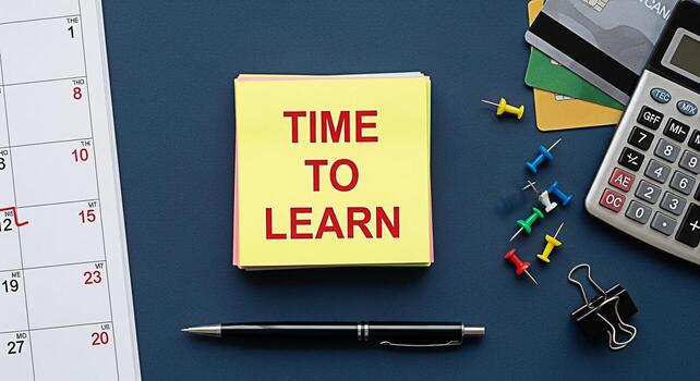 Overhead shot of a desk with a calendar calculator and sticky notes reminding its time to learn symbolizing education financial planning and scheduling on a dark blue background creating a focused and photo