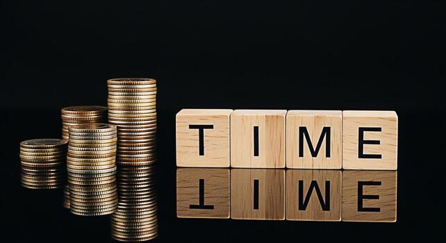 Stacks of coins and wooden blocks spelling TIME LINE on a reflective black surface representing financial planning and project management with a focus on deadlines and longterm investment strategies photo