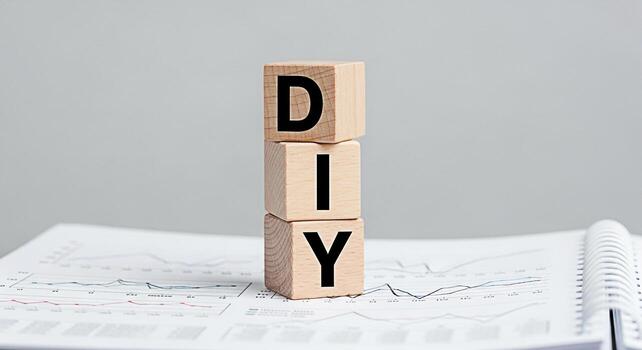 de madera bloques ortografía bricolaje apilado en un financiero reporte en un brillante estudio representando un hazlo tu mismo Acercarse a inversión personal Finanzas y creativo resolver problemas con un minimalista estético foto