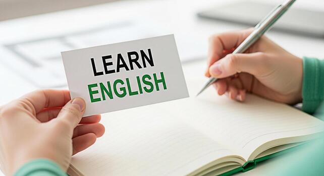 estudiante tomando notas en un brillante moderno estudiar ambiente participación un tarjeta ese dice aprender Inglés simbolizando educación idioma adquisición y el búsqueda de conocimiento con un positivo y alentador foto