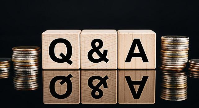 Wooden blocks displaying Q A on a reflective black surface surrounded by stacks of coins representing financial questions and answers suggesting knowledge investment and informed decisionmaking in a b photo