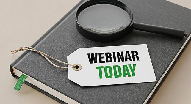Closeup of a magnifying glass resting on a gray hardcover book with a tag that reads Webinar Today in a welllit neutral setting symbolizing learning online education and immediate access to informatio photo