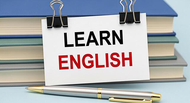 un apilar de libros con un tarjeta ese dice aprender Inglés y un bolígrafo en un ligero azul superficie representando el concepto de idioma adquisición y el importancia de educación en un brillante y atractivo ajuste foto