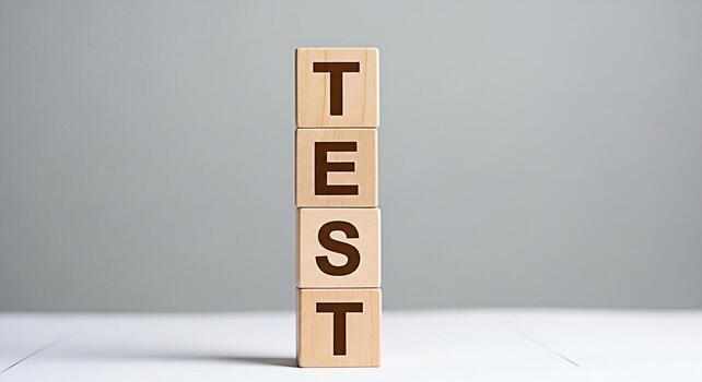Wooden blocks spelling TEST stacked vertically on a white surface against a gray background symbolizing assessment evaluation and the importance of quality control in various industries and educationa photo