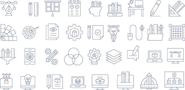 Collection of hand drawn line art icons representing various concepts and objects in blue ink vector