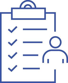 Simple blue outline icon of a clipboard with a checklist and a person silhouette representing tasks and personal organization vector